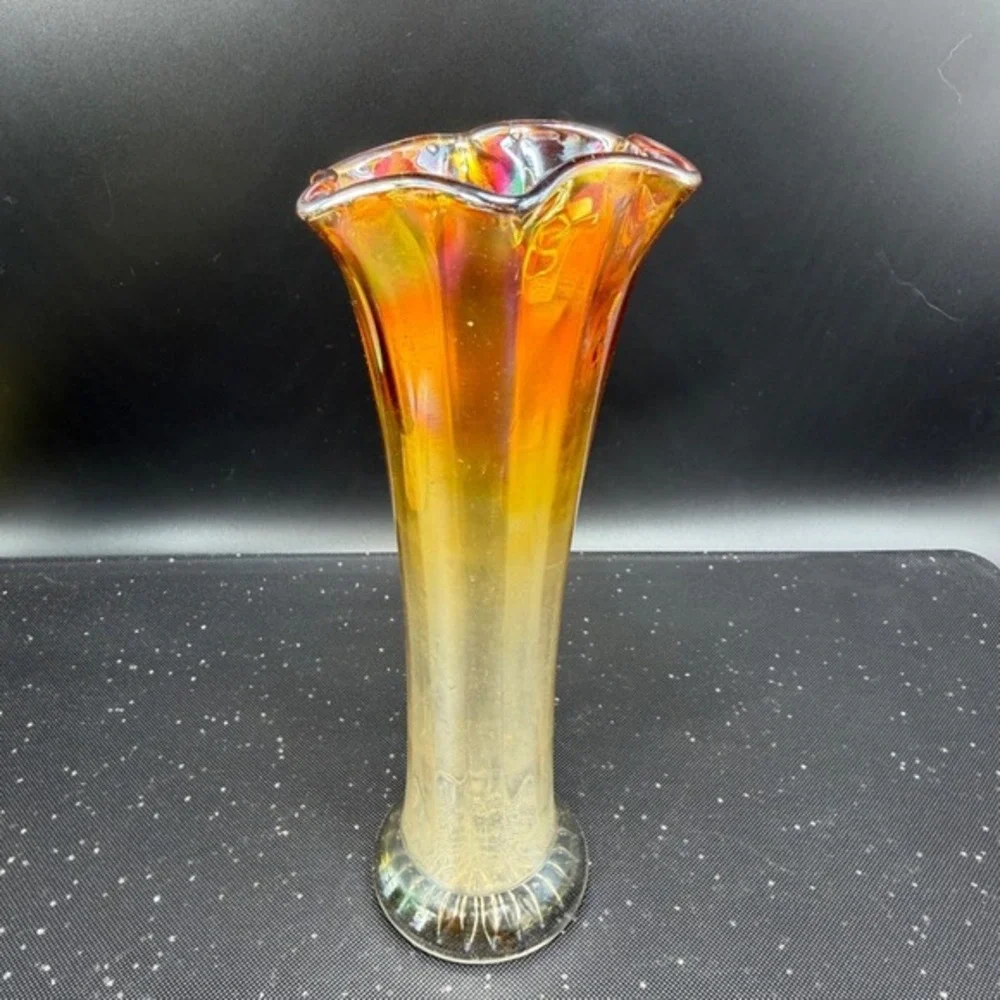 Vintage Marigold Carnival Glass‎ Iridescent Ruffled Trumpet Vase 8 Inch Sunburst
